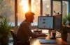 Ein natürlich beleuchtetes, freundliches Büro-Setting mit einem konzentrierten Entwickler vor einem modernen Monitor, der lebendig und zukunftsweisend wirkt, während warme Sonnenstrahlen durch große Fenster ein inspirierendes Ambiente für technologische Innovation und Gemeinschaft schaffen.