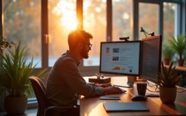 Ein natürlich beleuchtetes, freundliches Büro-Setting mit einem konzentrierten Entwickler vor einem modernen Monitor, der lebendig und zukunftsweisend wirkt, während warme Sonnenstrahlen durch große Fenster ein inspirierendes Ambiente für technologische Innovation und Gemeinschaft schaffen.
