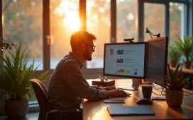 Ein natürlich beleuchtetes, freundliches Büro-Setting mit einem konzentrierten Entwickler vor einem modernen Monitor, der lebendig und zukunftsweisend wirkt, während warme Sonnenstrahlen durch große Fenster ein inspirierendes Ambiente für technologische Innovation und Gemeinschaft schaffen.