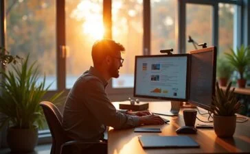 Ein natürlich beleuchtetes, freundliches Büro-Setting mit einem konzentrierten Entwickler vor einem modernen Monitor, der lebendig und zukunftsweisend wirkt, während warme Sonnenstrahlen durch große Fenster ein inspirierendes Ambiente für technologische Innovation und Gemeinschaft schaffen.