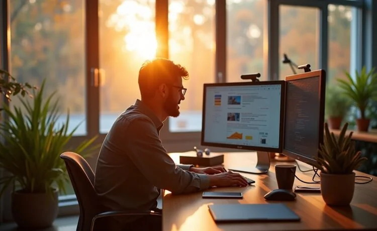 Ein natürlich beleuchtetes, freundliches Büro-Setting mit einem konzentrierten Entwickler vor einem modernen Monitor, der lebendig und zukunftsweisend wirkt, während warme Sonnenstrahlen durch große Fenster ein inspirierendes Ambiente für technologische Innovation und Gemeinschaft schaffen.