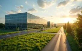 Weitläufiges, modernes Rechenzentrum in Frankfurt bei strahlendem Tageslicht, dessen Glasfassaden und grüne Begrünung eine harmonische Verbindung aus Hightech und Nachhaltigkeit verkörpern, während warme Sonnenstrahlen auf die klar strukturierten Serverräume und die ruhige Industrielandschaft im Hintergrund fallen, was Hoffnung und Fortschritt in der digitalen Zukunft ausstrahlt.