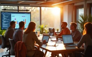 In einem modernen, lichtdurchfluteten Büro mit warmen Holzakzenten diskutiert ein dynamisches Team aus unterschiedlichen Altersgruppen und Hintergründen voller Zuversicht an einem großen Bildschirm Strategien zur digitalen Transformation, während natürliche Sonnenstrahlen durch große Fenster fallen und eine einladende, positive Arbeitsatmosphäre schaffen.