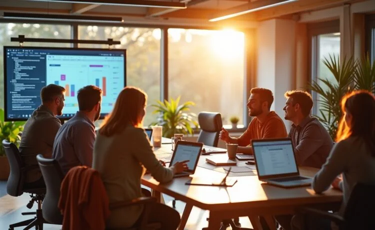 In einem modernen, lichtdurchfluteten Büro mit warmen Holzakzenten diskutiert ein dynamisches Team aus unterschiedlichen Altersgruppen und Hintergründen voller Zuversicht an einem großen Bildschirm Strategien zur digitalen Transformation, während natürliche Sonnenstrahlen durch große Fenster fallen und eine einladende, positive Arbeitsatmosphäre schaffen.