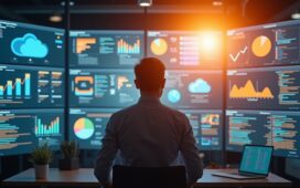 In einem modernen Büro mit hellem Tageslicht betrachtet ein sympathischer Cloud-Architekt konzentriert mehrere Bildschirme voller Netzwerkdaten und Diagramme, während durch sanftes Sonnenlicht warme Akzente den Raum durchfluten und eine Atmosphäre von Klarheit, Vertrauen und technischer Präzision schaffen.