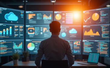 In einem modernen Büro mit hellem Tageslicht betrachtet ein sympathischer Cloud-Architekt konzentriert mehrere Bildschirme voller Netzwerkdaten und Diagramme, während durch sanftes Sonnenlicht warme Akzente den Raum durchfluten und eine Atmosphäre von Klarheit, Vertrauen und technischer Präzision schaffen.