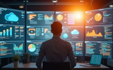 In einem modernen Büro mit hellem Tageslicht betrachtet ein sympathischer Cloud-Architekt konzentriert mehrere Bildschirme voller Netzwerkdaten und Diagramme, während durch sanftes Sonnenlicht warme Akzente den Raum durchfluten und eine Atmosphäre von Klarheit, Vertrauen und technischer Präzision schaffen.