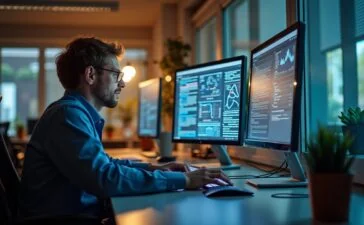 Ein hell erleuchtetes, modernes Büro mit fokussierten IT-Sicherheits-Experten, die gemeinsam an Bildschirmen komplexe Netzwerkanalysen durchführen, umgeben von natürlichem Tageslicht und warmen Holzakzenten, das Vertrauen und Wachsamkeit im Kampf gegen digitale Bedrohungen symbolisiert.