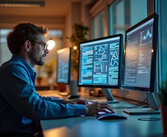 Ein hell erleuchtetes, modernes Büro mit fokussierten IT-Sicherheits-Experten, die gemeinsam an Bildschirmen komplexe Netzwerkanalysen durchführen, umgeben von natürlichem Tageslicht und warmen Holzakzenten, das Vertrauen und Wachsamkeit im Kampf gegen digitale Bedrohungen symbolisiert.