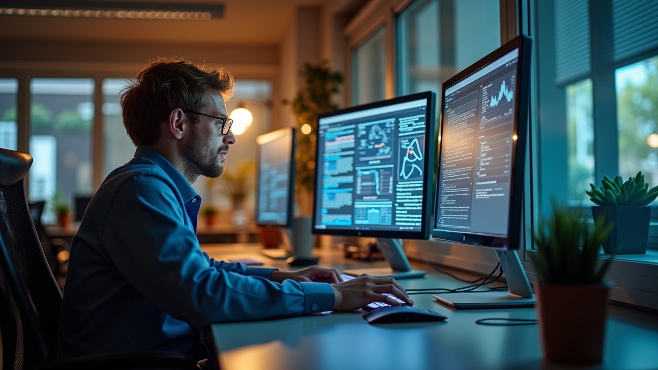 Ein hell erleuchtetes, modernes Büro mit fokussierten IT-Sicherheits-Experten, die gemeinsam an Bildschirmen komplexe Netzwerkanalysen durchführen, umgeben von natürlichem Tageslicht und warmen Holzakzenten, das Vertrauen und Wachsamkeit im Kampf gegen digitale Bedrohungen symbolisiert.