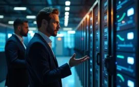 Ein helle, warm ausgeleuchtete Aufnahme eines modernen Serverraums mit konzentrierten IT-Profis im Gespräch vor hochauflösenden Bildschirmen und sichtbaren Container-Dashboards, die ein Gefühl von Sicherheit und technischer Präzision ausstrahlt.