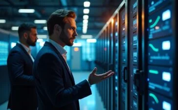 Ein helle, warm ausgeleuchtete Aufnahme eines modernen Serverraums mit konzentrierten IT-Profis im Gespräch vor hochauflösenden Bildschirmen und sichtbaren Container-Dashboards, die ein Gefühl von Sicherheit und technischer Präzision ausstrahlt.