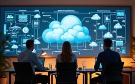 Ein helles, warm ausgeleuchtetes Büro mit drei Mitarbeitenden in konzentrierter, freundlicher Atmosphäre vor großen Bildschirmen, auf denen schemenhaft Cloud-Infrastrukturen angedeutet sind, die die dynamische Zusammenarbeit und die Vormacht der großen Cloud-Anbieter symbolisieren.