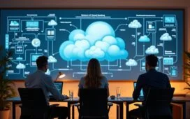 Ein helles, warm ausgeleuchtetes Büro mit drei Mitarbeitenden in konzentrierter, freundlicher Atmosphäre vor großen Bildschirmen, auf denen schemenhaft Cloud-Infrastrukturen angedeutet sind, die die dynamische Zusammenarbeit und die Vormacht der großen Cloud-Anbieter symbolisieren.