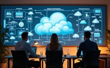 Ein helles, warm ausgeleuchtetes Büro mit drei Mitarbeitenden in konzentrierter, freundlicher Atmosphäre vor großen Bildschirmen, auf denen schemenhaft Cloud-Infrastrukturen angedeutet sind, die die dynamische Zusammenarbeit und die Vormacht der großen Cloud-Anbieter symbolisieren.