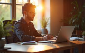 Ein heller, natürlich beleuchteter Arbeitsplatz mit einem aufgeschlagenen Laptop und einem konzentrierten Menschen, der entspannt und zuversichtlich vor dem Bildschirm sitzt, umgeben von warmen Holztönen und sanfter Tageslichtstimmung, symbolisiert die Dringlichkeit und Zuverlässigkeit von Sicherheitsupdates im digitalen Alltag.