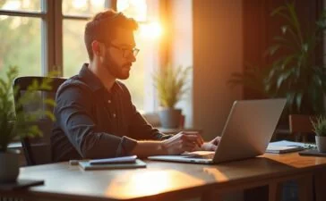 Ein heller, natürlich beleuchteter Arbeitsplatz mit einem aufgeschlagenen Laptop und einem konzentrierten Menschen, der entspannt und zuversichtlich vor dem Bildschirm sitzt, umgeben von warmen Holztönen und sanfter Tageslichtstimmung, symbolisiert die Dringlichkeit und Zuverlässigkeit von Sicherheitsupdates im digitalen Alltag.