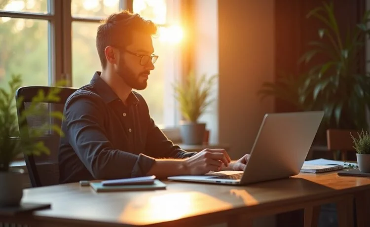 Ein heller, natürlich beleuchteter Arbeitsplatz mit einem aufgeschlagenen Laptop und einem konzentrierten Menschen, der entspannt und zuversichtlich vor dem Bildschirm sitzt, umgeben von warmen Holztönen und sanfter Tageslichtstimmung, symbolisiert die Dringlichkeit und Zuverlässigkeit von Sicherheitsupdates im digitalen Alltag.
