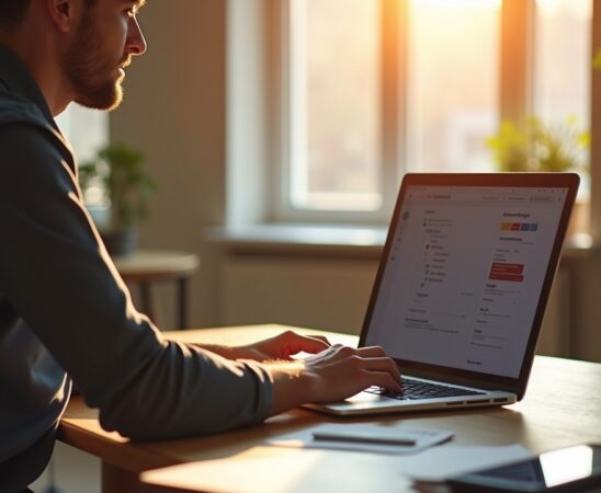 Ein heller, freundlich ausgeleuchteter Arbeitsplatz mit einem modernen Windows-Laptop, auf dem ein Entwickler konzentriert im Terminal eine Aufgabenverwaltung mit dstask bedient, umgeben von warmem Tageslicht und minimalistischer, einladender Büroatmosphäre, die Produktivität und technologische Offenheit widerspiegelt.