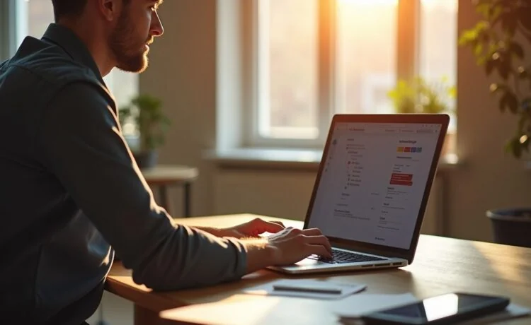 Ein heller, freundlich ausgeleuchteter Arbeitsplatz mit einem modernen Windows-Laptop, auf dem ein Entwickler konzentriert im Terminal eine Aufgabenverwaltung mit dstask bedient, umgeben von warmem Tageslicht und minimalistischer, einladender Büroatmosphäre, die Produktivität und technologische Offenheit widerspiegelt.