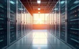 Ein hell erleuchteter, moderner Serverraum mit klar strukturierten Serverracks, in dem warmes Tageslicht durch große Fenster fällt und eine Atmosphäre von Innovation, Sicherheit und nachhaltiger Energieversorgung schafft.