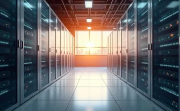 Ein hell erleuchteter, moderner Serverraum mit klar strukturierten Serverracks, in dem warmes Tageslicht durch große Fenster fällt und eine Atmosphäre von Innovation, Sicherheit und nachhaltiger Energieversorgung schafft.