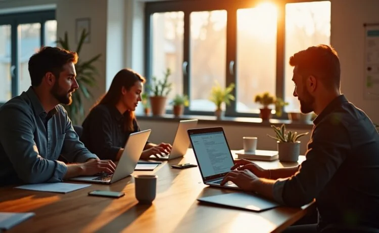 Ein modernes Büro mit sonnendurchfluteten Fenstern, in dem ein motiviertes Entwicklerteam an Laptops konzentriert gemeinsam eine strukturierte API-Dokumentation erstellt, umgeben von warmem Tageslicht und eingestreuten Notizen, die eine lebendige Atmosphäre von Kollaboration und technischer Präzision ausstrahlt.