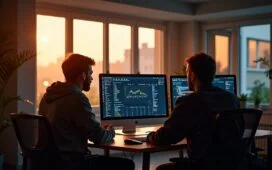 Eine helle, freundliche Büroszene mit einem konzentrierten Entwicklerteam vor mehreren Bildschirmen, die Live-Daten und Kubernetes-Dashboards anzeigen, wobei warmes Tageslicht sanft durch große Fenster fällt und eine Atmosphäre von Zusammenarbeit und technischer Eleganz schafft.