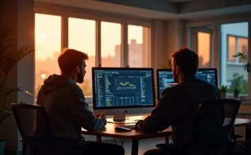 Eine helle, freundliche Büroszene mit einem konzentrierten Entwicklerteam vor mehreren Bildschirmen, die Live-Daten und Kubernetes-Dashboards anzeigen, wobei warmes Tageslicht sanft durch große Fenster fällt und eine Atmosphäre von Zusammenarbeit und technischer Eleganz schafft.