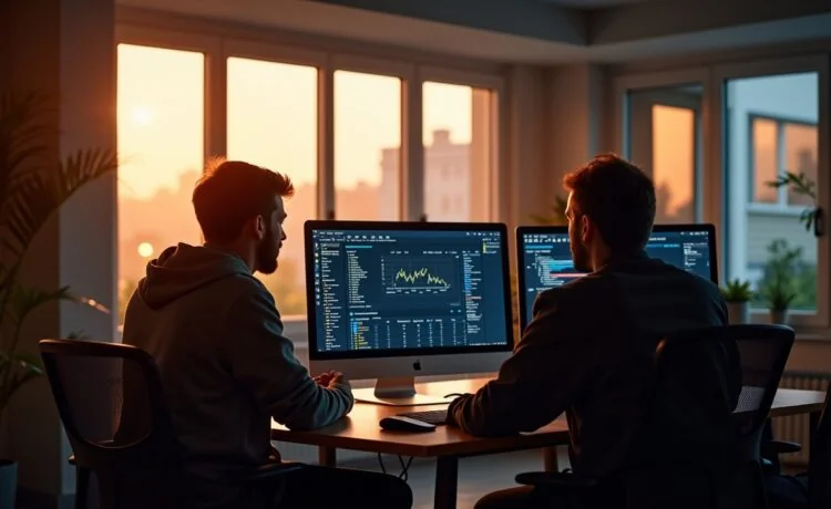 Eine helle, freundliche Büroszene mit einem konzentrierten Entwicklerteam vor mehreren Bildschirmen, die Live-Daten und Kubernetes-Dashboards anzeigen, wobei warmes Tageslicht sanft durch große Fenster fällt und eine Atmosphäre von Zusammenarbeit und technischer Eleganz schafft.