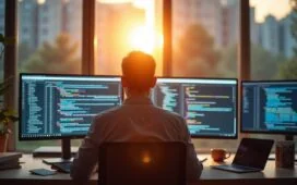 Ein lichtdurchflutetes, modernes Büro mit einem aufmerksamen IT-Experten, der konzentriert vor mehreren Bildschirmen sitzt, auf denen komplexe Software-Diagramme und Code zu sehen sind, während eine warme Sonnenstrahlung durch große Fenster fällt und eine Atmosphäre von Innovation, Zusammenarbeit und technologischem Fortschritt schafft.