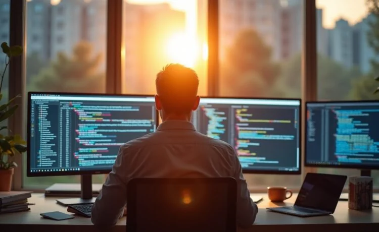 Ein lichtdurchflutetes, modernes Büro mit einem aufmerksamen IT-Experten, der konzentriert vor mehreren Bildschirmen sitzt, auf denen komplexe Software-Diagramme und Code zu sehen sind, während eine warme Sonnenstrahlung durch große Fenster fällt und eine Atmosphäre von Innovation, Zusammenarbeit und technologischem Fortschritt schafft.
