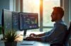 Ein lichtdurchflutetes, modernes Büro mit einem konzentrierten IT-Administrator, der entspannt vor mehreren Bildschirmen mit klaren Dashboard-Ansichten sitzt und die strategische Umstellung von Software-Updates reflektiert, umgeben von warmem Tageslicht und einem einladenden, professionellen Ambiente.