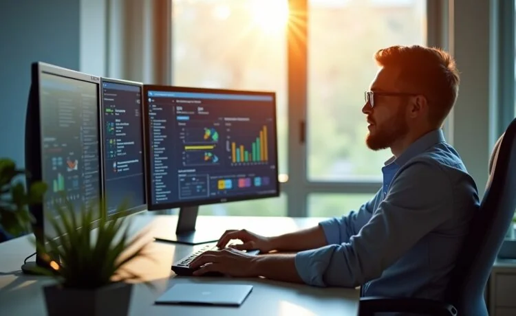 Ein lichtdurchflutetes, modernes Büro mit einem konzentrierten IT-Administrator, der entspannt vor mehreren Bildschirmen mit klaren Dashboard-Ansichten sitzt und die strategische Umstellung von Software-Updates reflektiert, umgeben von warmem Tageslicht und einem einladenden, professionellen Ambiente.