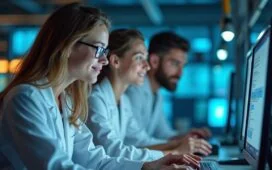 Helles, stimmungsvolles Porträt eines jungen, internationalen Forscherteams in einem modernen Labor mit natürlichen Lichtreflexen, das konzentriert an Quantencomputern arbeitet und dabei eine Atmosphäre von Aufbruch, Innovation und freundlicher Zusammenarbeit vermittelt.