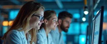 Helles, stimmungsvolles Porträt eines jungen, internationalen Forscherteams in einem modernen Labor mit natürlichen Lichtreflexen, das konzentriert an Quantencomputern arbeitet und dabei eine Atmosphäre von Aufbruch, Innovation und freundlicher Zusammenarbeit vermittelt.