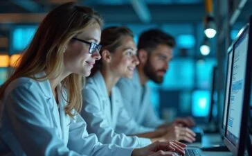 Helles, stimmungsvolles Porträt eines jungen, internationalen Forscherteams in einem modernen Labor mit natürlichen Lichtreflexen, das konzentriert an Quantencomputern arbeitet und dabei eine Atmosphäre von Aufbruch, Innovation und freundlicher Zusammenarbeit vermittelt.