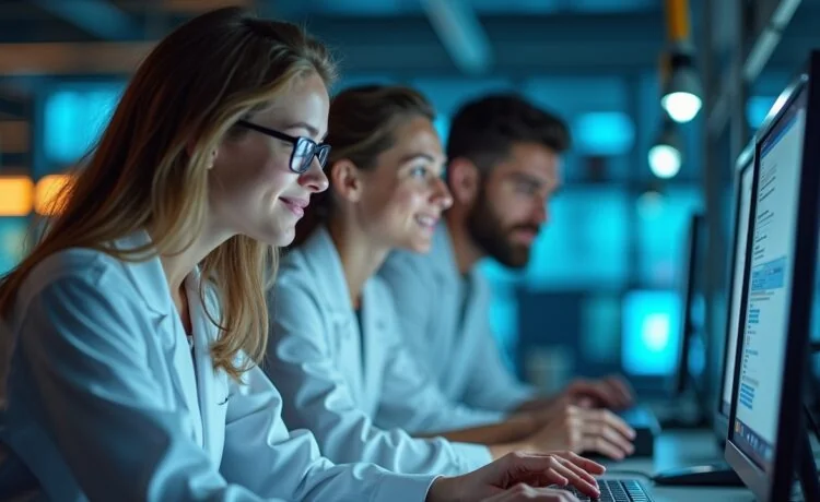 Helles, stimmungsvolles Porträt eines jungen, internationalen Forscherteams in einem modernen Labor mit natürlichen Lichtreflexen, das konzentriert an Quantencomputern arbeitet und dabei eine Atmosphäre von Aufbruch, Innovation und freundlicher Zusammenarbeit vermittelt.