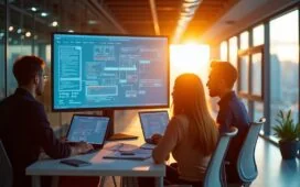 Ein hell erleuchtetes, modernes Büro mit offener Glasarchitektur, in dem konzentrierte Tech-Experten um einen großen Bildschirm mit komplexen KI-Diagrammen versammelt sind, während warmes Tageslicht durch die Fenster fällt und eine Atmosphäre von Innovation und angeregtem Austausch schafft.