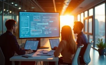 Ein hell erleuchtetes, modernes Büro mit offener Glasarchitektur, in dem konzentrierte Tech-Experten um einen großen Bildschirm mit komplexen KI-Diagrammen versammelt sind, während warmes Tageslicht durch die Fenster fällt und eine Atmosphäre von Innovation und angeregtem Austausch schafft.