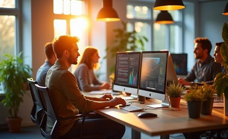 Ein hell erleuchtetes, modernes Büro mit einem motivierten Webentwicklerteam, das konzentriert an mehreren Bildschirmen arbeitet, während natürliche Sonnenstrahlen warm durch große Fenster fallen und eine freundliche, kollaborative Atmosphäre schaffen.