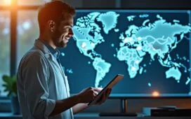 Eine strahlend helle, cineastisch komponierte Aufnahme eines Wissenschaftlers in modernem Labor, der mit einem Tablet vor einer großen digitalen Weltkarte mit Satellitendaten und geophysikalischen Messkurven arbeitet, umgeben von warmem Tageslicht und einem freundlichen, hoffnungsvollen Ausdruck, der das Potenzial von KI-gestützter Erdbebenvorhersage symbolisiert.