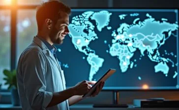 Eine strahlend helle, cineastisch komponierte Aufnahme eines Wissenschaftlers in modernem Labor, der mit einem Tablet vor einer großen digitalen Weltkarte mit Satellitendaten und geophysikalischen Messkurven arbeitet, umgeben von warmem Tageslicht und einem freundlichen, hoffnungsvollen Ausdruck, der das Potenzial von KI-gestützter Erdbebenvorhersage symbolisiert.