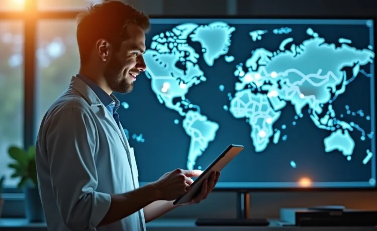 Eine strahlend helle, cineastisch komponierte Aufnahme eines Wissenschaftlers in modernem Labor, der mit einem Tablet vor einer großen digitalen Weltkarte mit Satellitendaten und geophysikalischen Messkurven arbeitet, umgeben von warmem Tageslicht und einem freundlichen, hoffnungsvollen Ausdruck, der das Potenzial von KI-gestützter Erdbebenvorhersage symbolisiert.