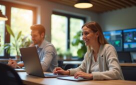 Ein modernes, lichtdurchflutetes Büro mit freundlichen IT-Expert:innen in entspannter Atmosphäre, die konzentriert an Laptops und großen Bildschirmen mit Cloud-Daten arbeiten, umgeben von warmen Holzakzenten und natürlichem Tageslicht, das Offenheit und digitale Vernetzung symbolisiert.