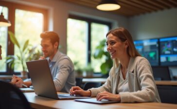 Ein modernes, lichtdurchflutetes Büro mit freundlichen IT-Expert:innen in entspannter Atmosphäre, die konzentriert an Laptops und großen Bildschirmen mit Cloud-Daten arbeiten, umgeben von warmen Holzakzenten und natürlichem Tageslicht, das Offenheit und digitale Vernetzung symbolisiert.