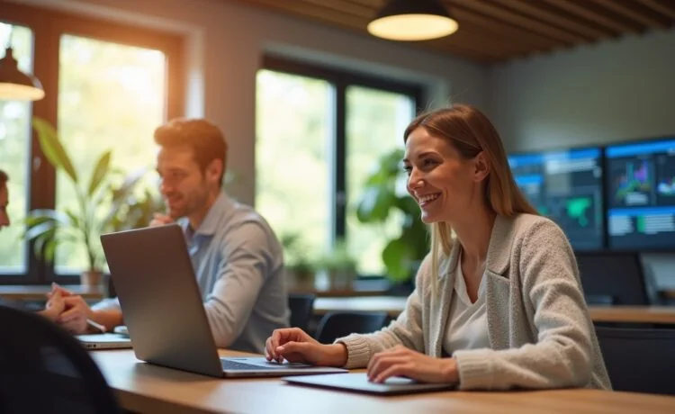 Ein modernes, lichtdurchflutetes Büro mit freundlichen IT-Expert:innen in entspannter Atmosphäre, die konzentriert an Laptops und großen Bildschirmen mit Cloud-Daten arbeiten, umgeben von warmen Holzakzenten und natürlichem Tageslicht, das Offenheit und digitale Vernetzung symbolisiert.