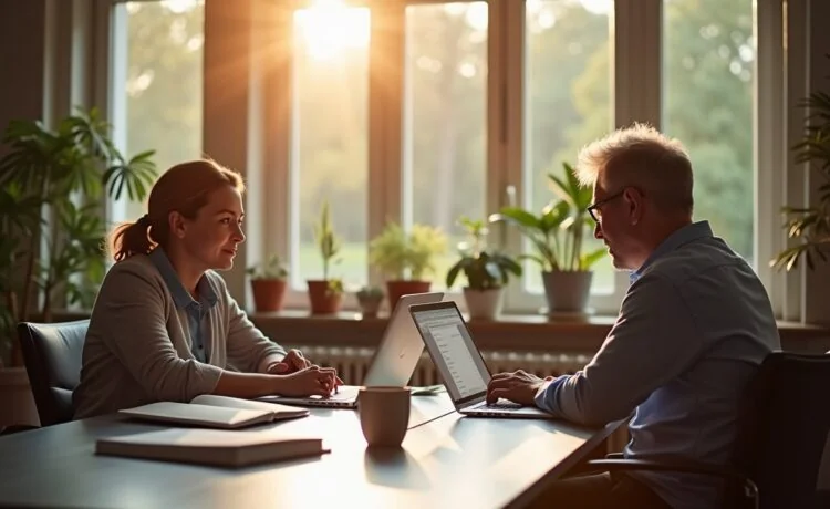 Eine helle, freundliche Büroszene mit entspannten Menschen mittleren Alters, die in natürlichem Sonnenlicht lächelnd an Laptops arbeiten und dabei vertraulich über digitale Datensicherheit und Datenschutz diskutieren, während moderne, realistische Details und warme Farbtöne eine vertrauensvolle Atmosphäre schaffen.