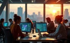 In einem modernen, lichtdurchfluteten Büro mit warmem Sonnenlicht arbeiten diverse europäische Expertinnen und Experten konzentriert an Laptops und großen Bildschirmen, die komplexe Daten und Code zeigen, während im Hintergrund durch große Fenster ein lebendiges Stadtpanorama zu sehen ist, das den Fortschritt und die menschliche Energie hinter Europas wegweisendem KI-Projekt Soofi symbolisiert.