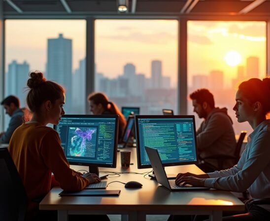 In einem modernen, lichtdurchfluteten Büro mit warmem Sonnenlicht arbeiten diverse europäische Expertinnen und Experten konzentriert an Laptops und großen Bildschirmen, die komplexe Daten und Code zeigen, während im Hintergrund durch große Fenster ein lebendiges Stadtpanorama zu sehen ist, das den Fortschritt und die menschliche Energie hinter Europas wegweisendem KI-Projekt Soofi symbolisiert.